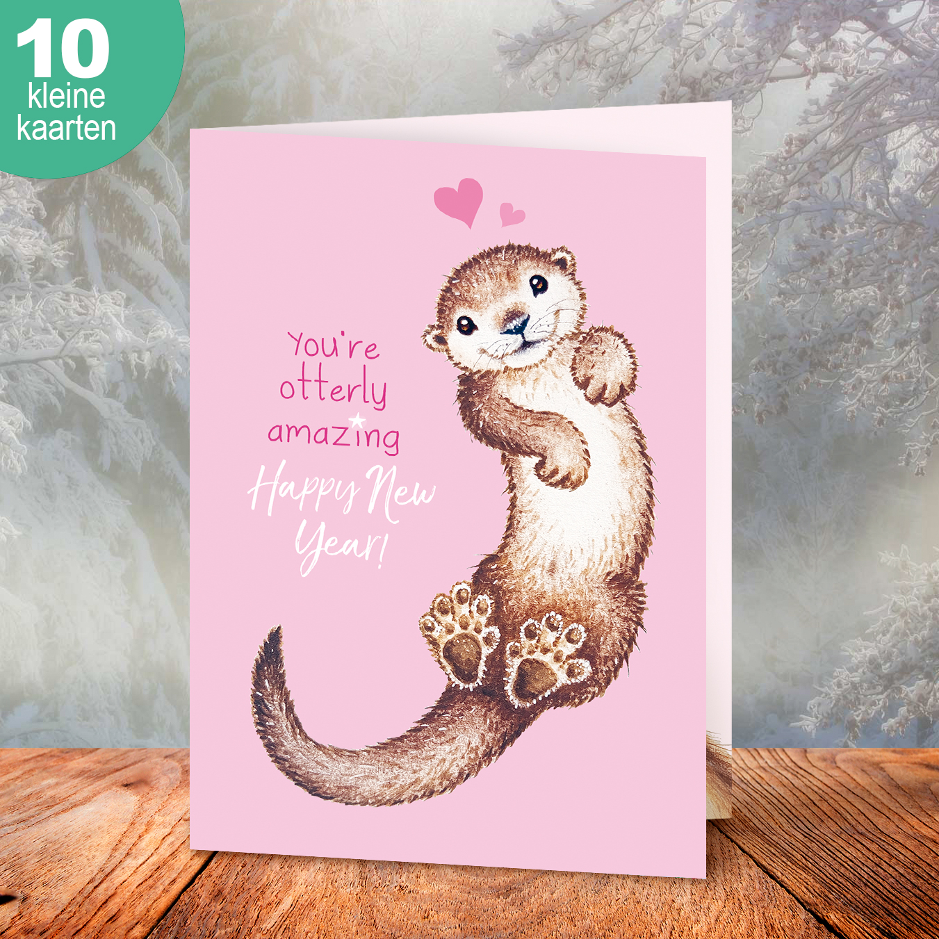 Set van 10 kleine 'Otterly Amazing' nieuwjaarskaarten, inclusief verzending